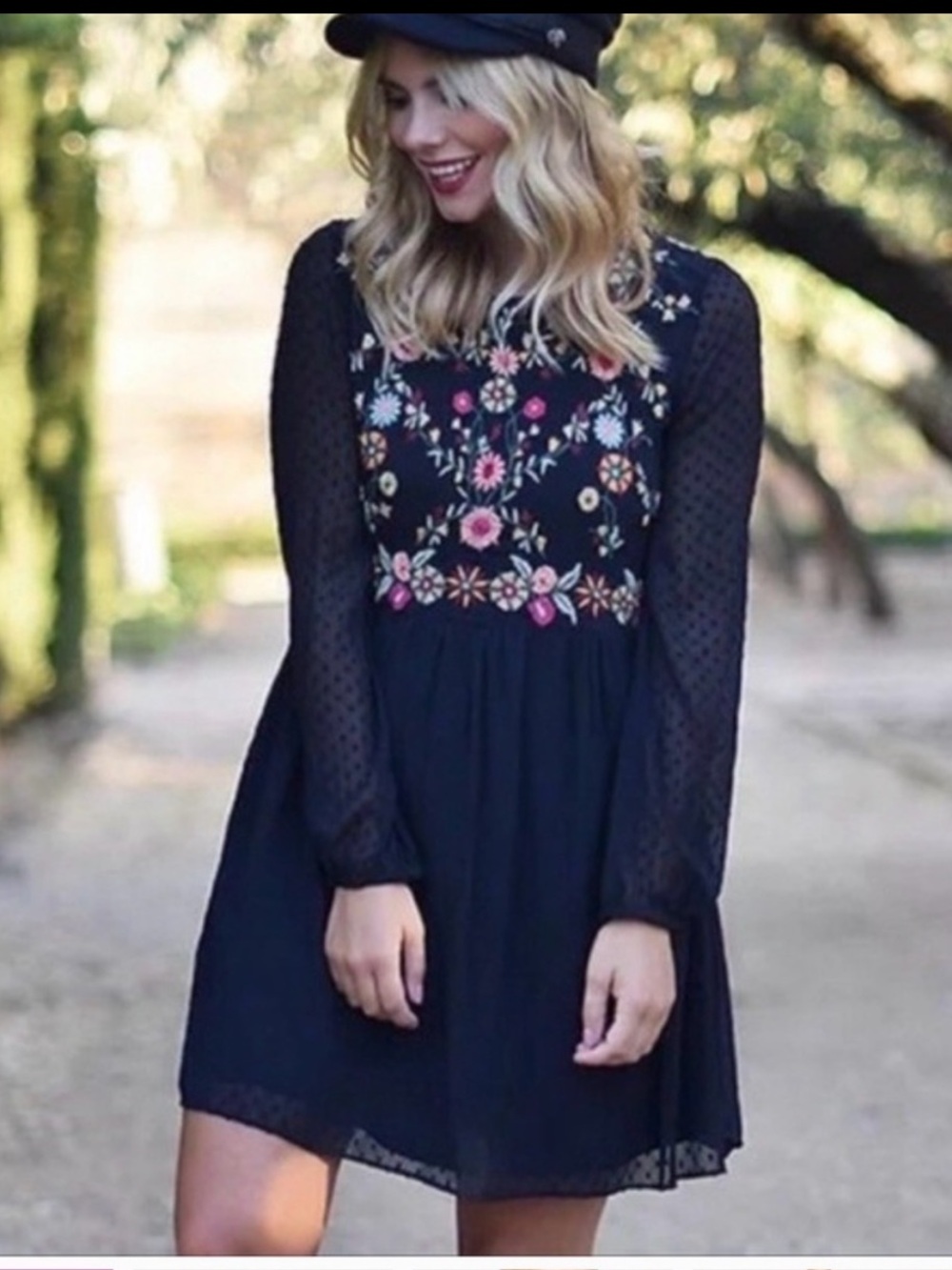 Zara-  Trafaluc Collection- Black Mini Dress with Multicolor Floral Embroidery